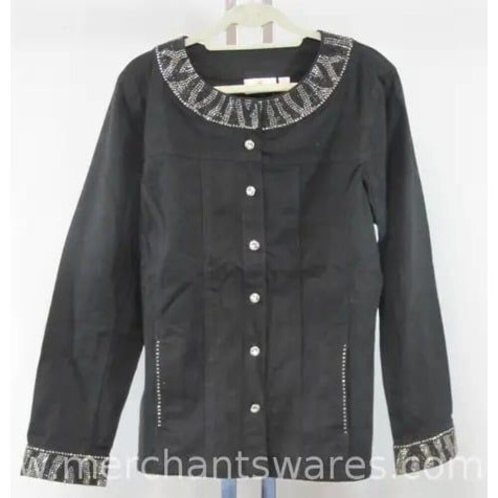 SALE! NWT- SASSY Quacker Factory Black Denim Jacket, Rhinestone Embellishment XL